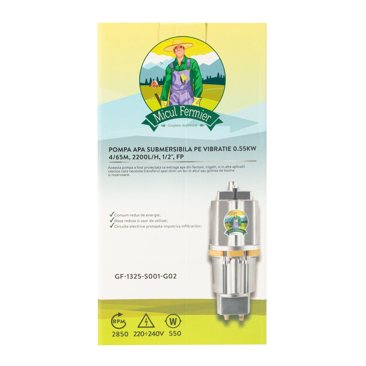 Pompa submersibila vibr 0,55kw 4/65m 2200l/h 1/2" FP, Consum redus de energie, Masa redusa si usor de utilizat — imaginea 2