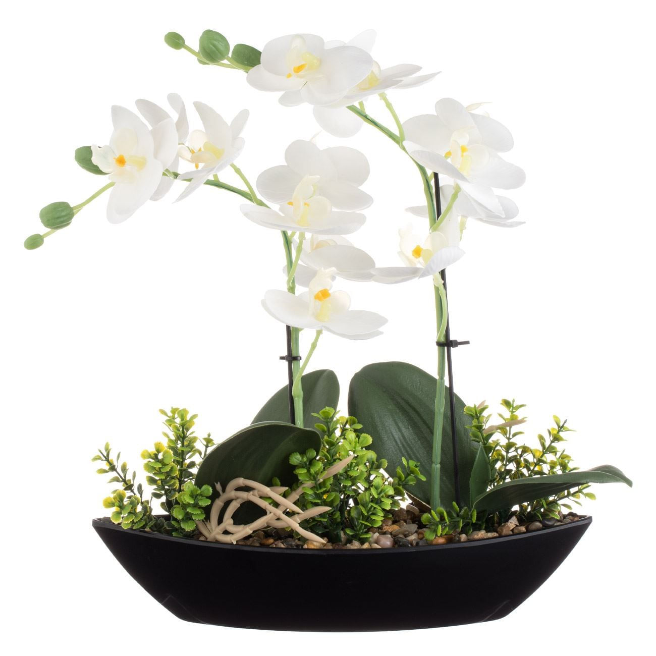 Ghiveci Decorativ Negru, Forma Barca, cu Orhidee Alba Artificiala, 27x9x30cm — imaginea 2
