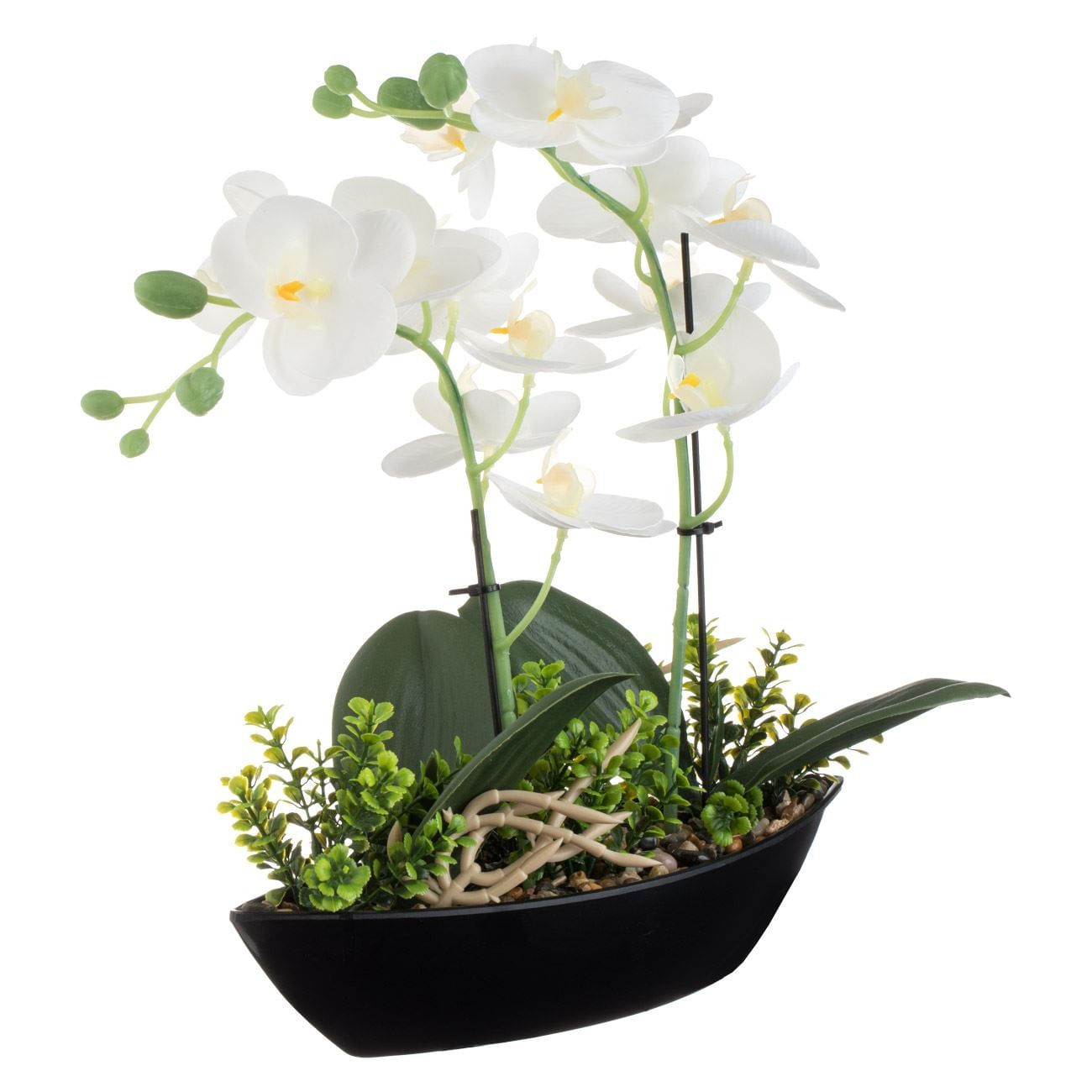 Ghiveci Decorativ Negru, Forma Barca, cu Orhidee Alba Artificiala, 27x9x30cm — imaginea 3