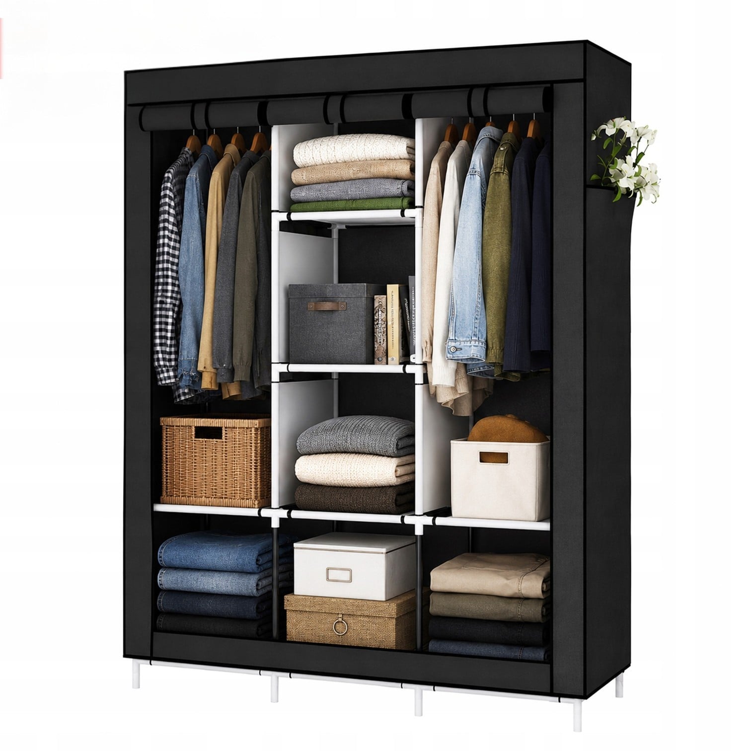Dulap, Sifonier Textil NewEvo® 125×165×42 cm, Garderoba Pliabila cu Cadru Metalic Stabil, 4 Zone pentru Umerase — imaginea 5