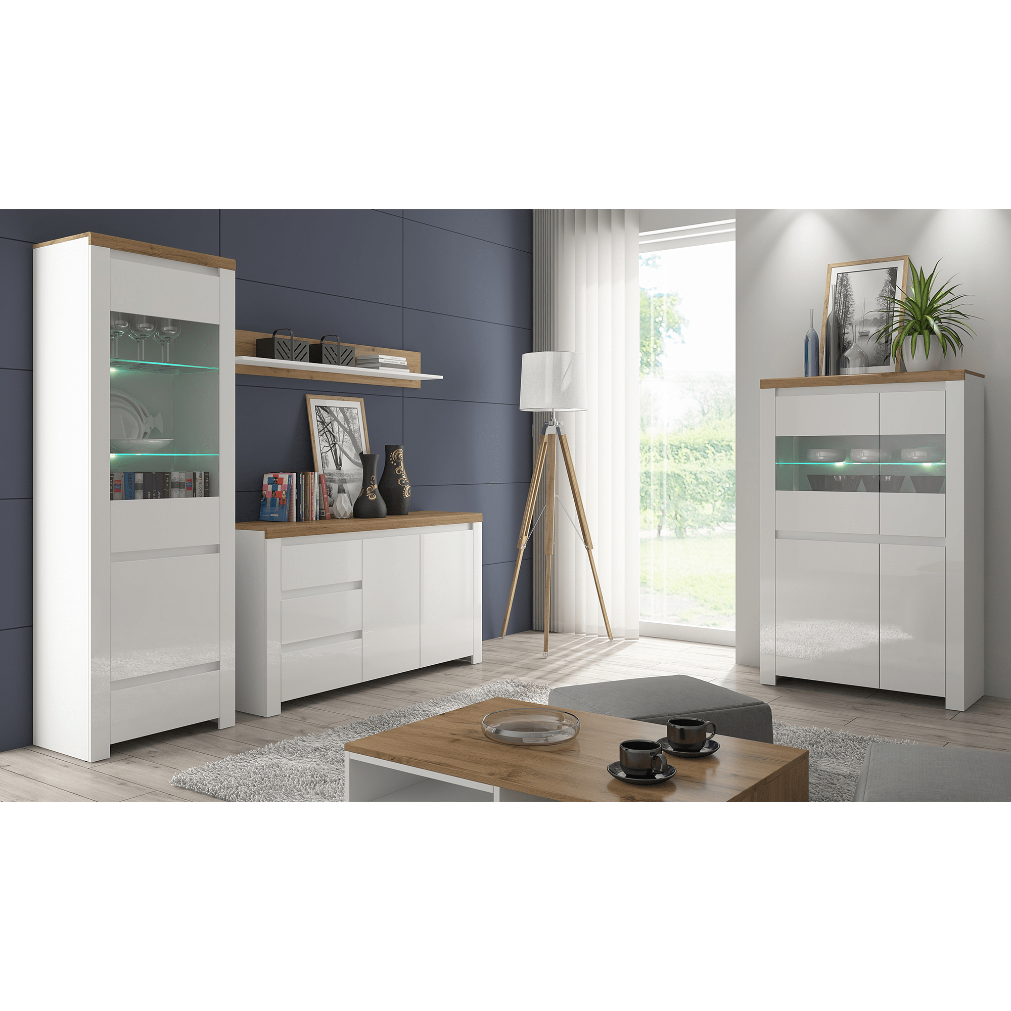 Vitrina 2D2W, alb lucios/ stejar wotan, VILGO — imaginea 4