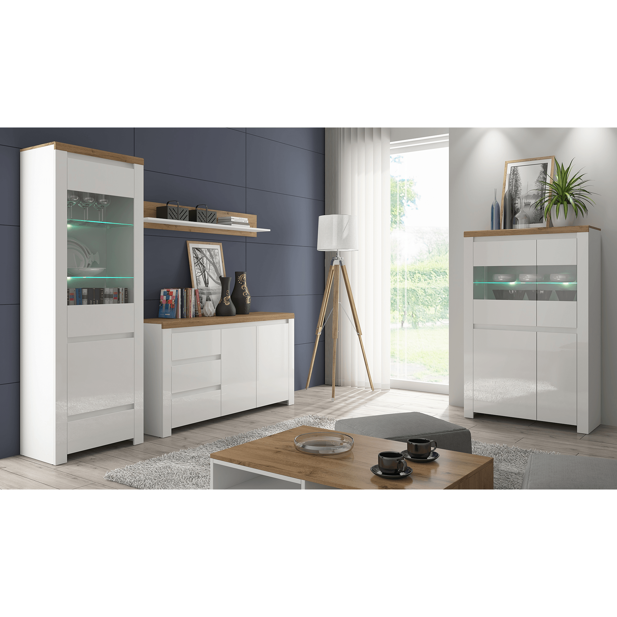 Vitrina 1D1W1S, alb lucios/ stejar wotan, VILGO — imaginea 7