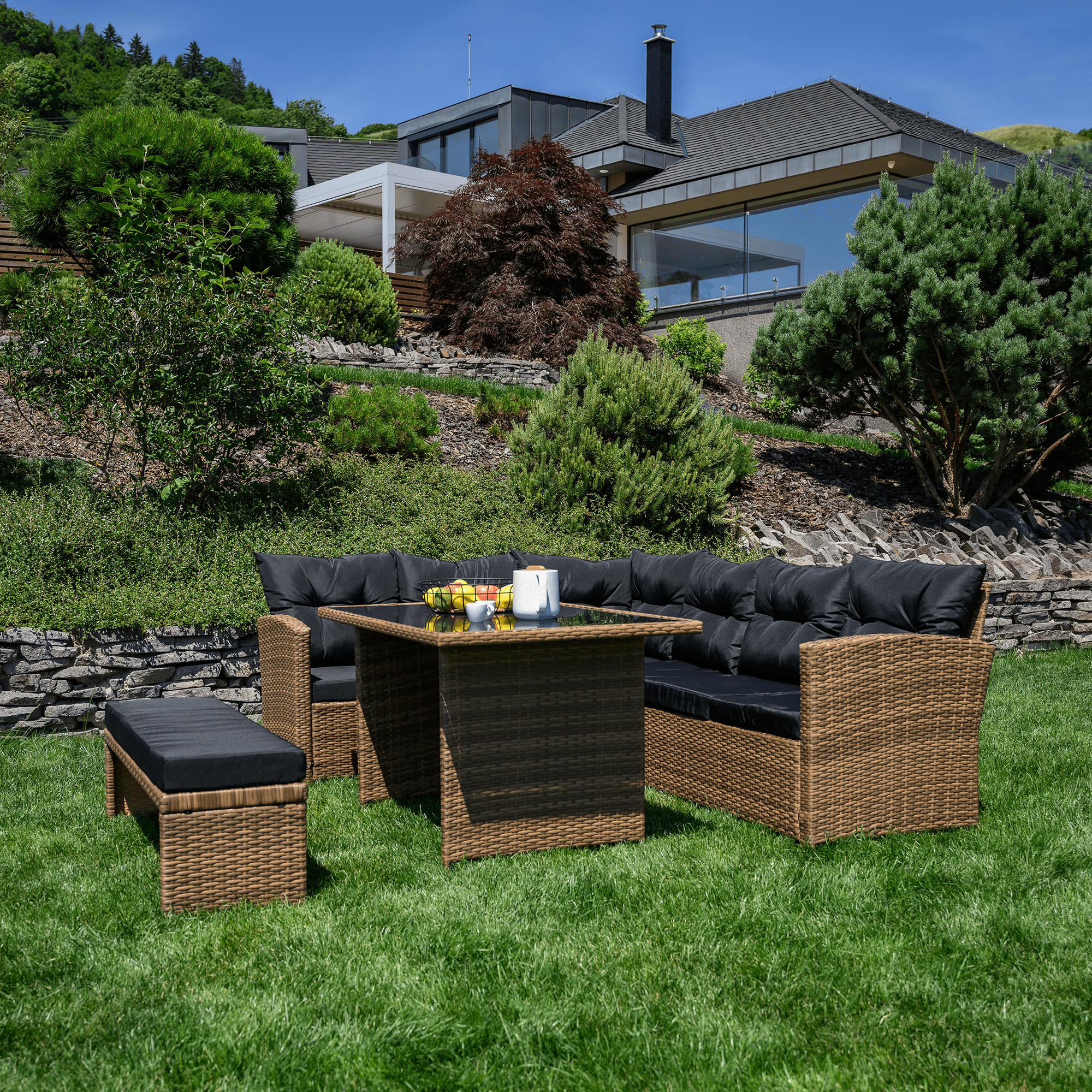 Set de gradina din ratan, maro deschis / negru, MADUL — imaginea 2