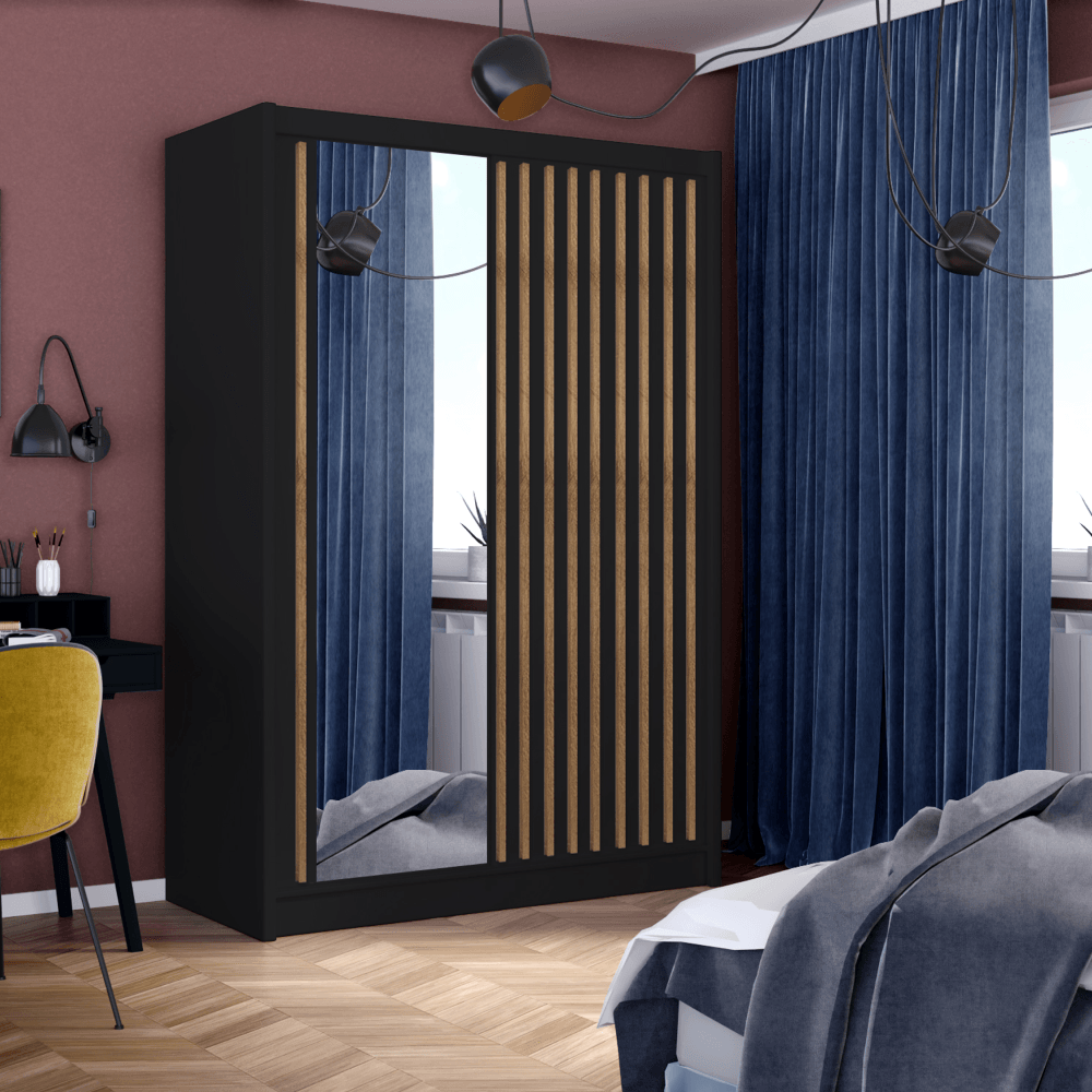 Dulap cu usi glisante, negru / stejar craft, 150x215 cm, LADDER — imaginea 3