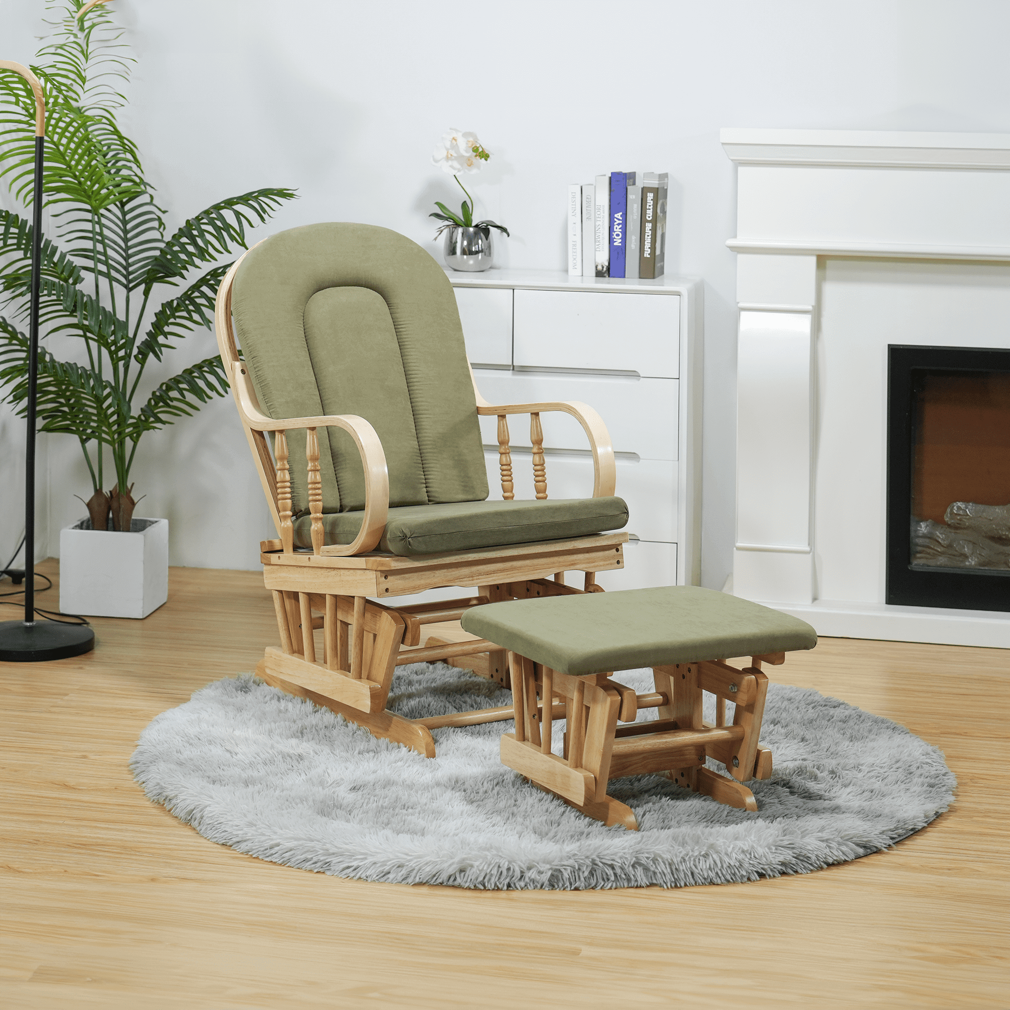 Scaun balansoar cu suport pentru picioare, natural/verde, DALBERT — imaginea 2