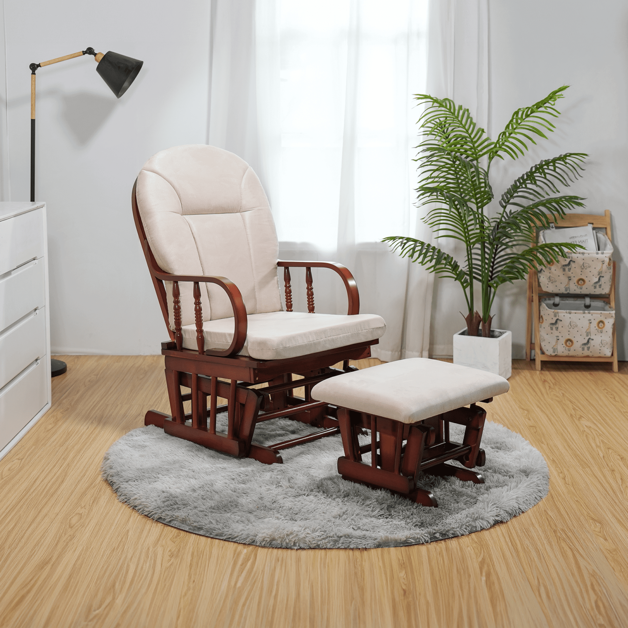 Scaun balansoar cu suport pentru picioare, nuc/bej, TALMAN — imaginea 2