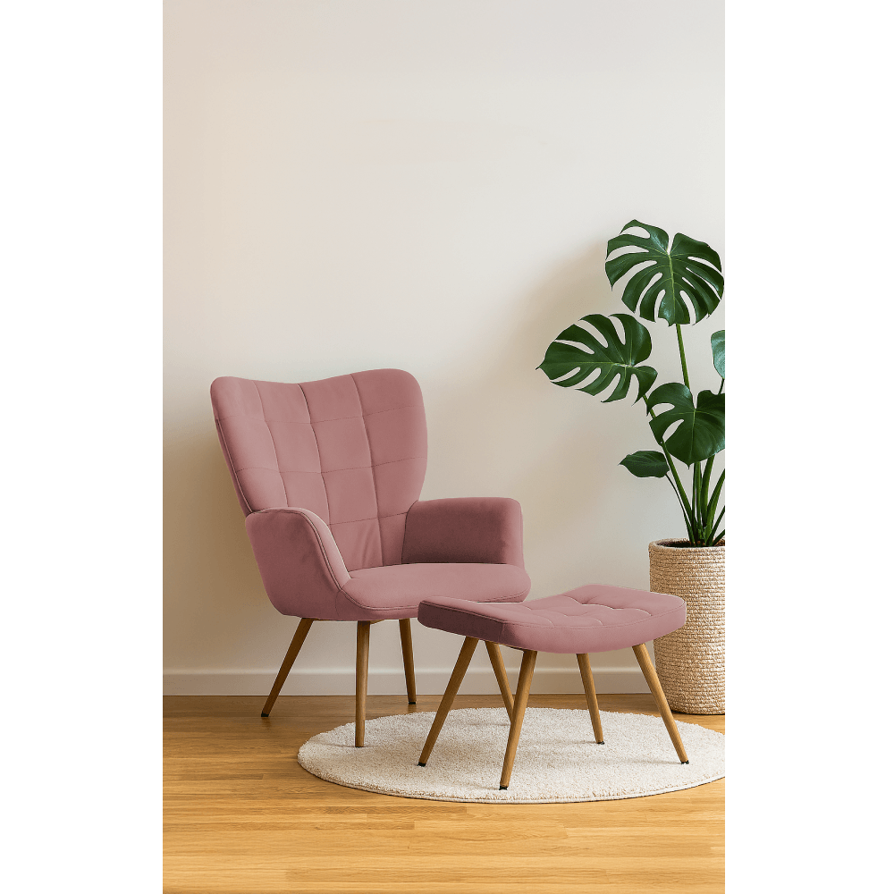 Fotoliu cu suport pentru picioare, tesatura Velvet roz/stejar, HABEN — imaginea 2