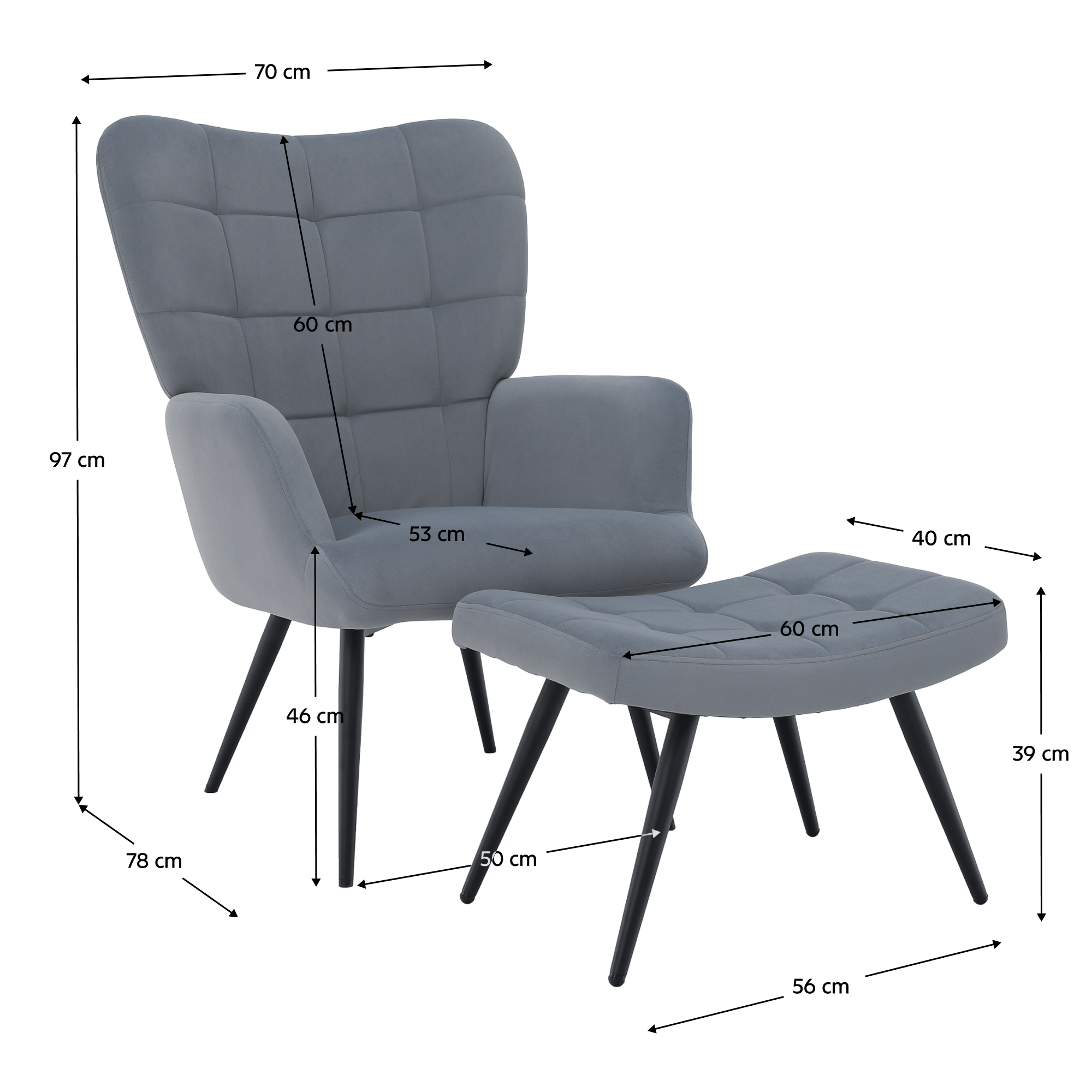 Fotoliu cu suport pentru picioare, tesatura Velvet gri/negru, HABEN — imaginea 16