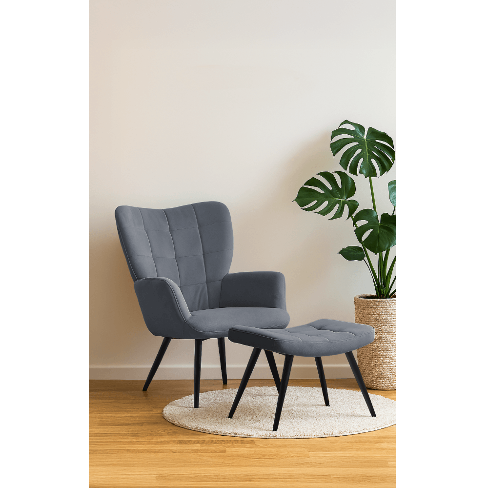 Fotoliu cu suport pentru picioare, tesatura Velvet gri/negru, HABEN — imaginea 17