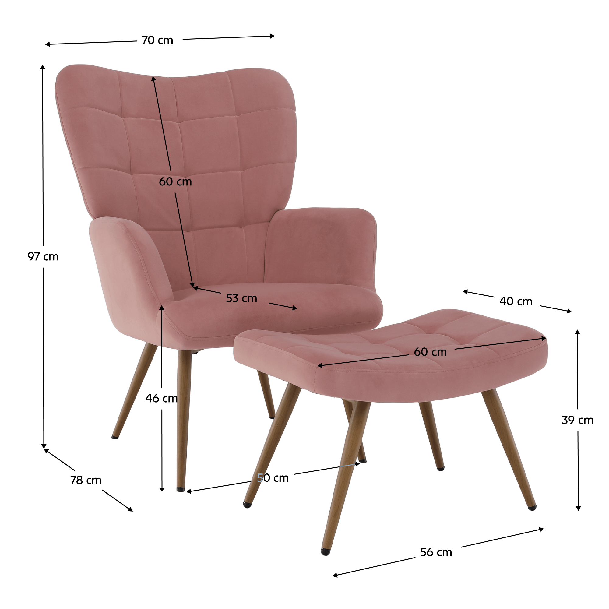 Fotoliu cu suport pentru picioare, tesatura Velvet roz/stejar, HABEN — imaginea 17