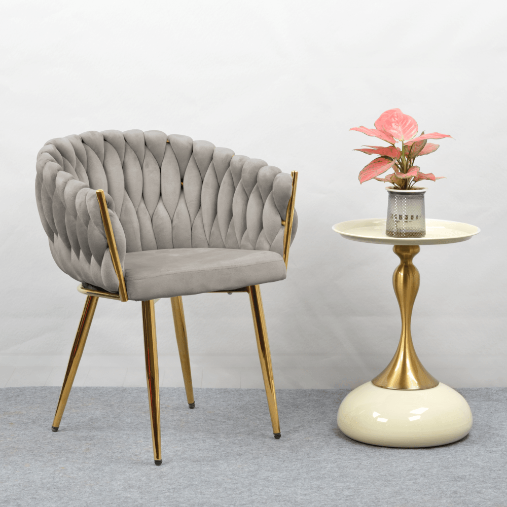 Fotoliu pentru sufragerie, tesatura gri-maro Taupe Velvet/aur crom auriu, DEILA — imaginea 8