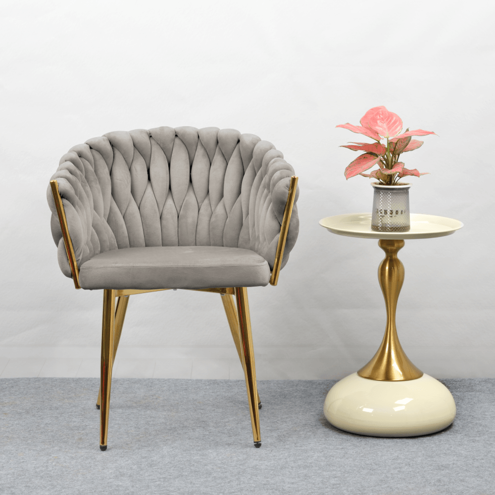 Fotoliu pentru sufragerie, tesatura gri-maro Taupe Velvet/aur crom auriu, DEILA — imaginea 9
