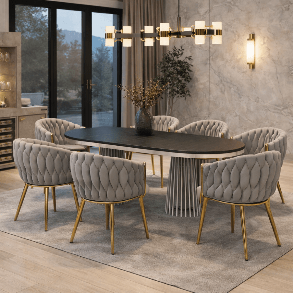 Fotoliu pentru sufragerie, tesatura gri-maro Taupe Velvet/aur crom auriu, DEILA — imaginea 12