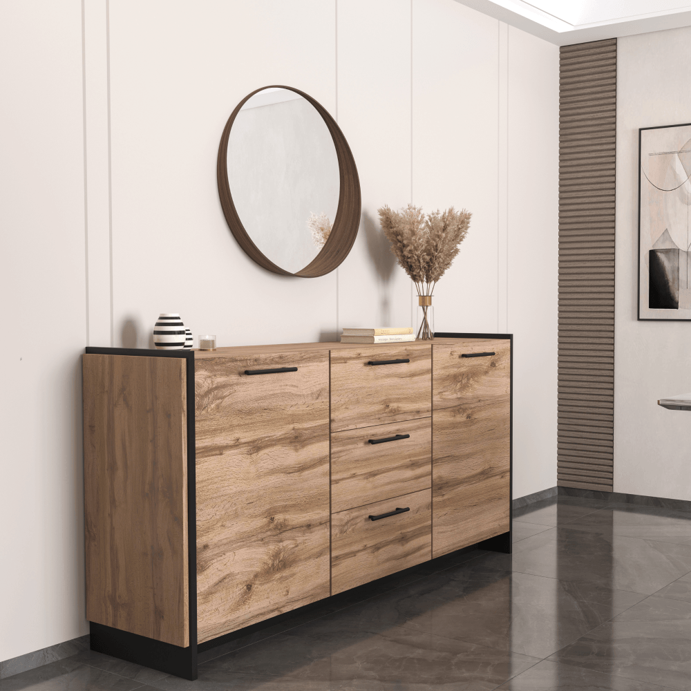 Comoda, stejar wotan/negru, AMONI 2D3S — imaginea 2