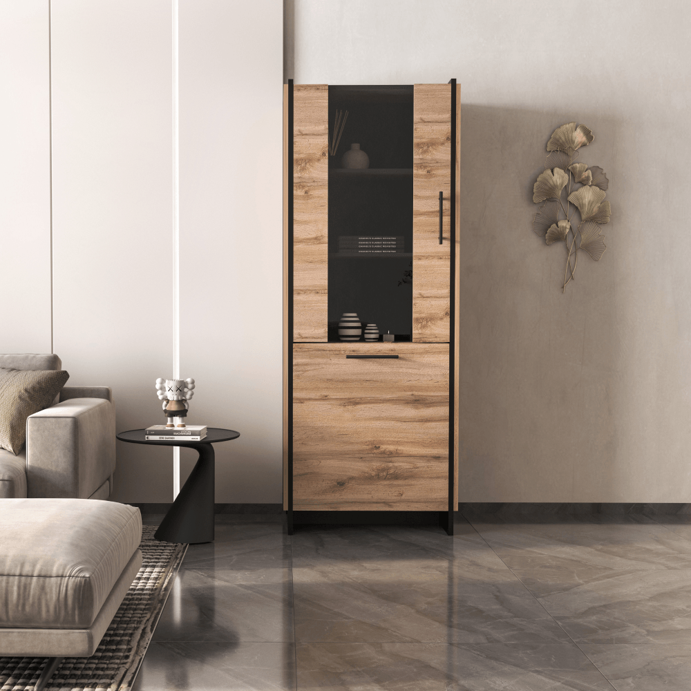 Vitrina, stejar wotan/negru, AMONI 1D1W — imaginea 2