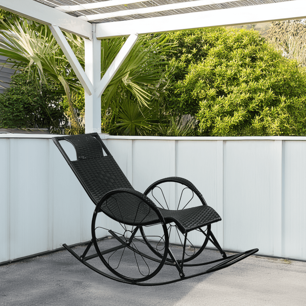 Scaun balansoar, ratan/metal, negru, ROKIN — imaginea 2