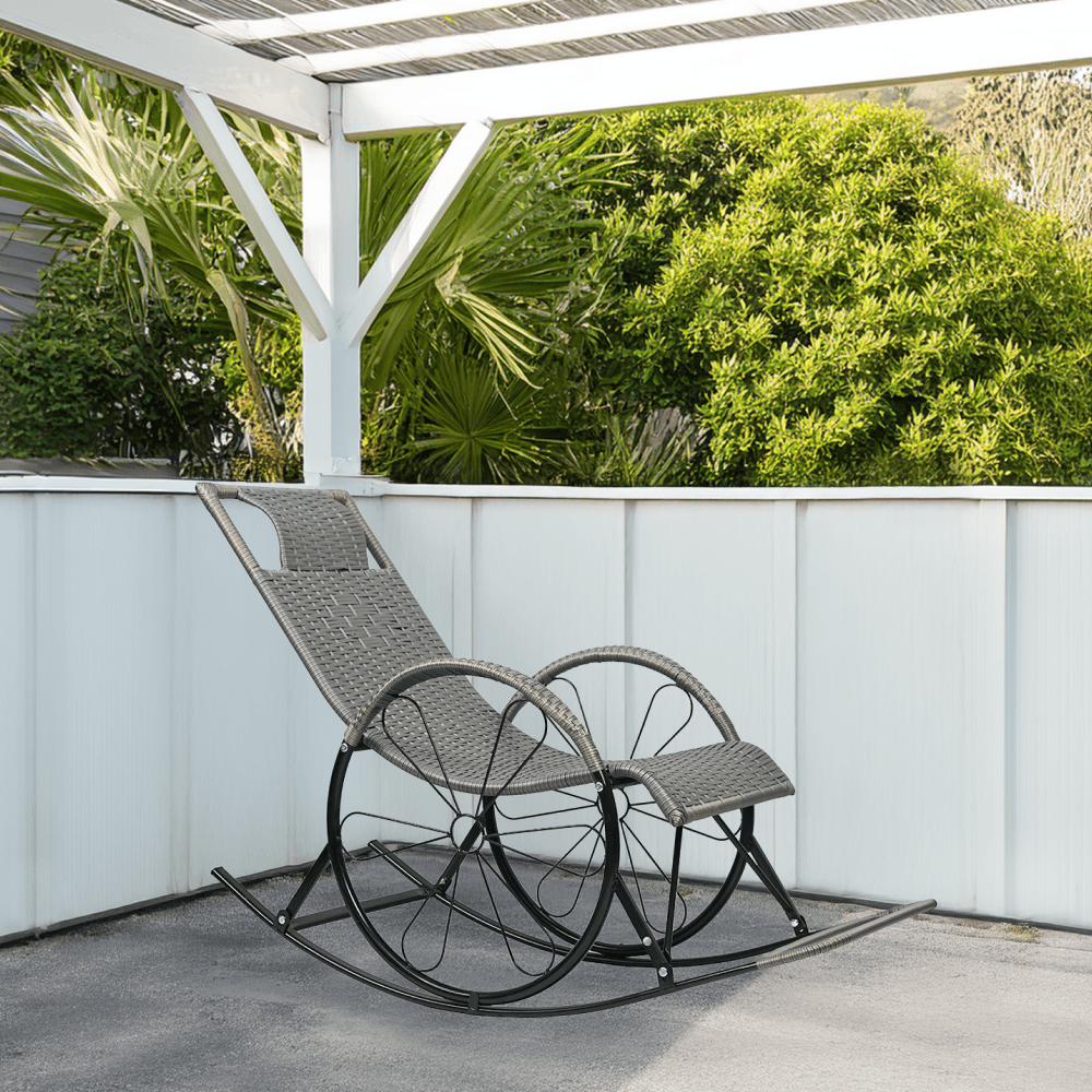 Scaun de balansare, ratan/metal, gri, ROKIN — imaginea 2