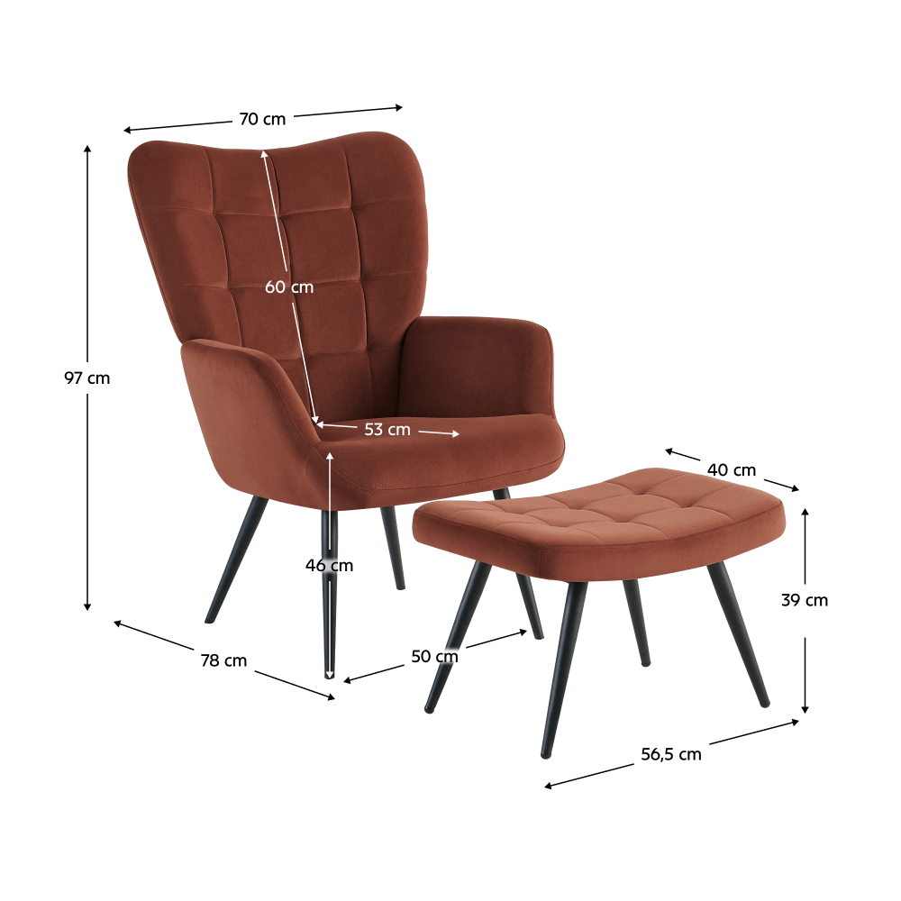 Fotoliu cu suport pentru picioare, tesatura Velvet maro/negru, HABEN — imaginea 5