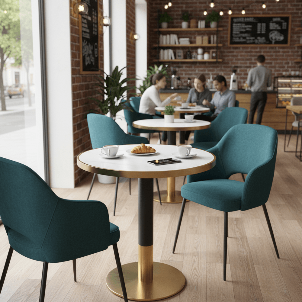 Masa bistro de sufragerie, marmura alba/negru/auriu, diametru 80 cm, OREN — imaginea 2