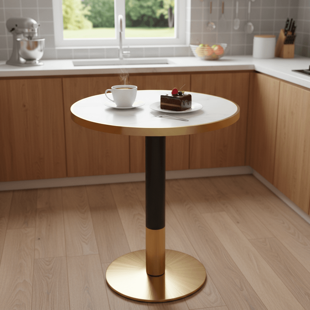 Masa bistro de sufragerie, marmura alba/negru/auriu, diametru 80 cm, OREN — imaginea 3