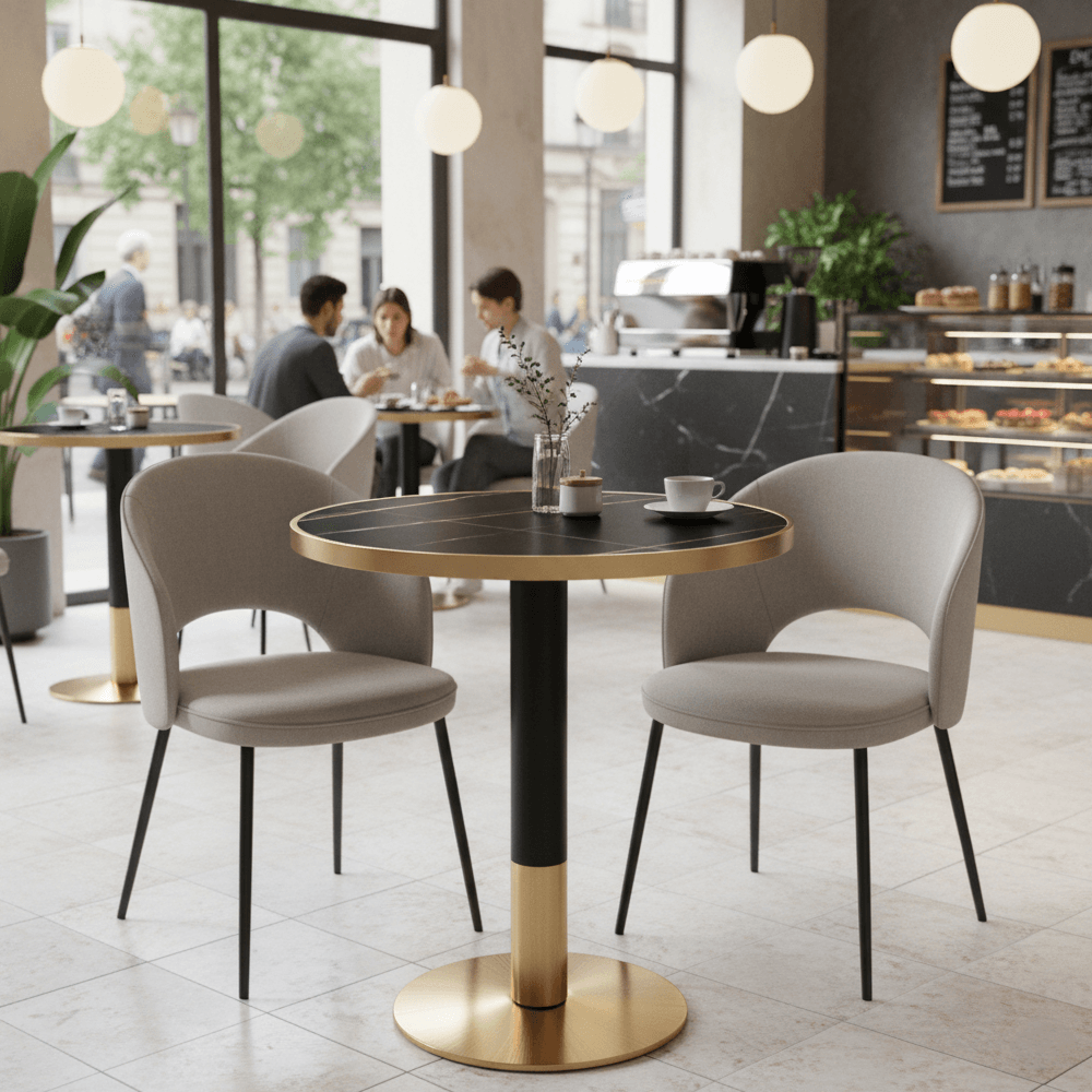 Masa bistro de sufragerie, marmura neagra/negru/auriu, diametru 80 cm, OREN — imaginea 2