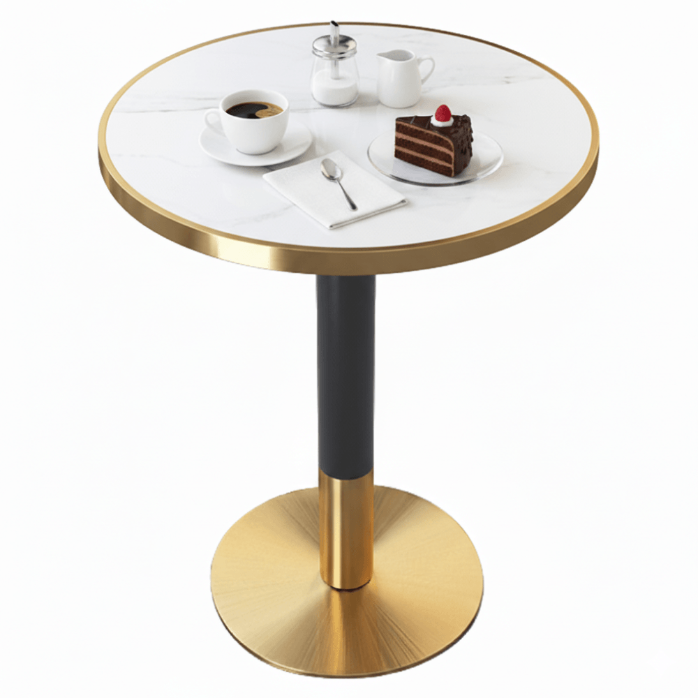 Masa bistro de sufragerie, marmura alba/negru/auriu, diametru 80 cm, OREN — imaginea 4