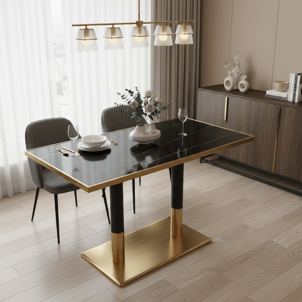 Masa bistro de sufragerie, marmura neagra/negru/auriu, 120x70 cm, DARIAN — imaginea 2
