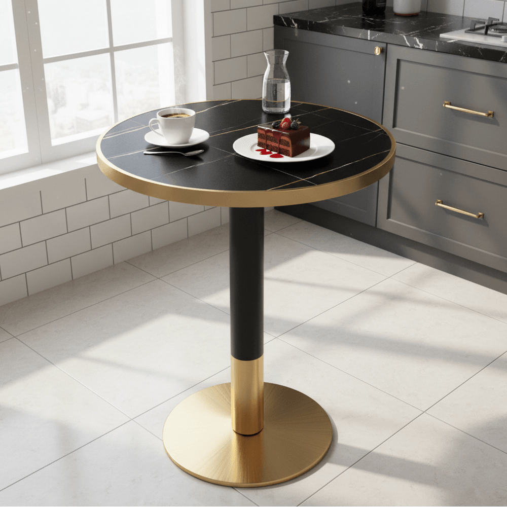 Masa bistro de sufragerie, marmura neagra/negru/auriu, diametru 80 cm, OREN — imaginea 3
