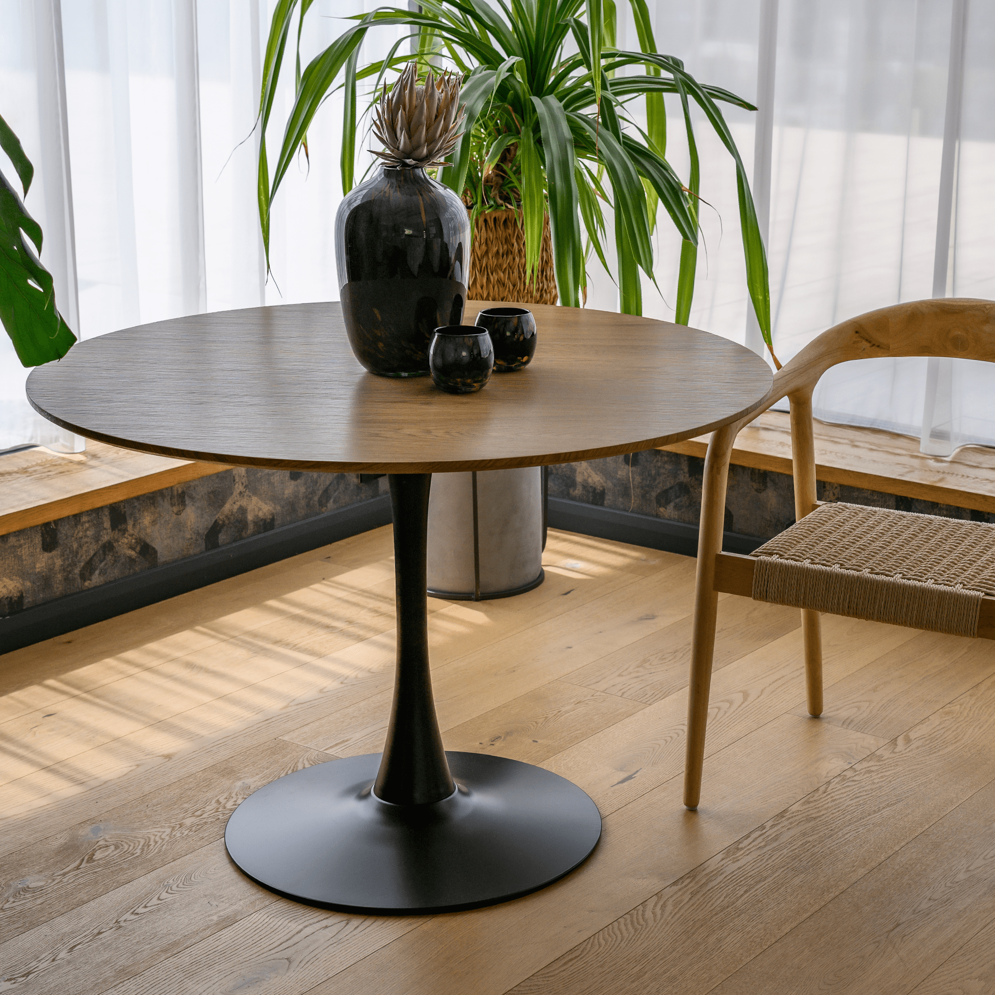Masa de sufragerie, stejar/negru, diametru 110 cm, REVENTON NEW — imaginea 10