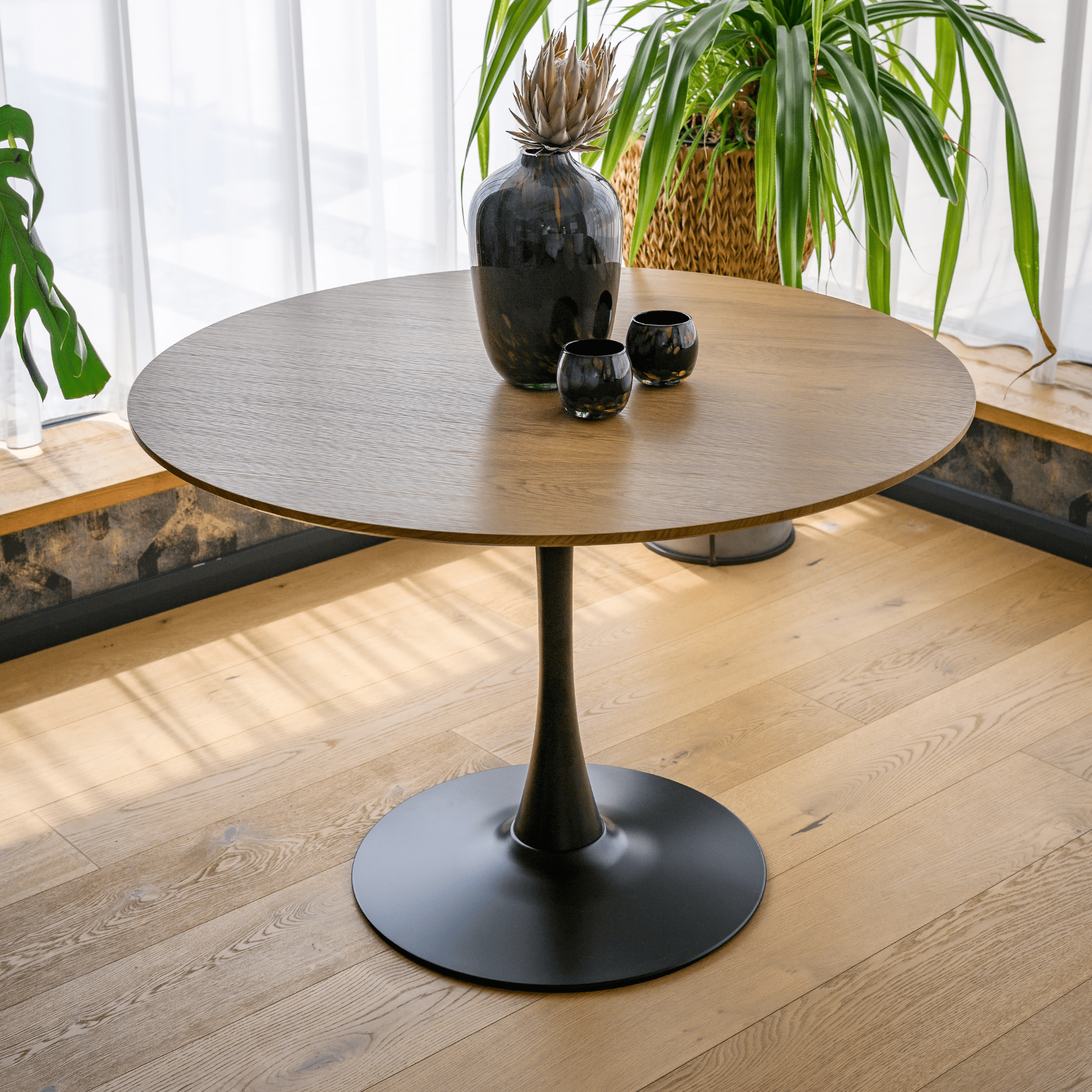 Masa de sufragerie, stejar/negru, diametru 110 cm, REVENTON NEW — imaginea 11