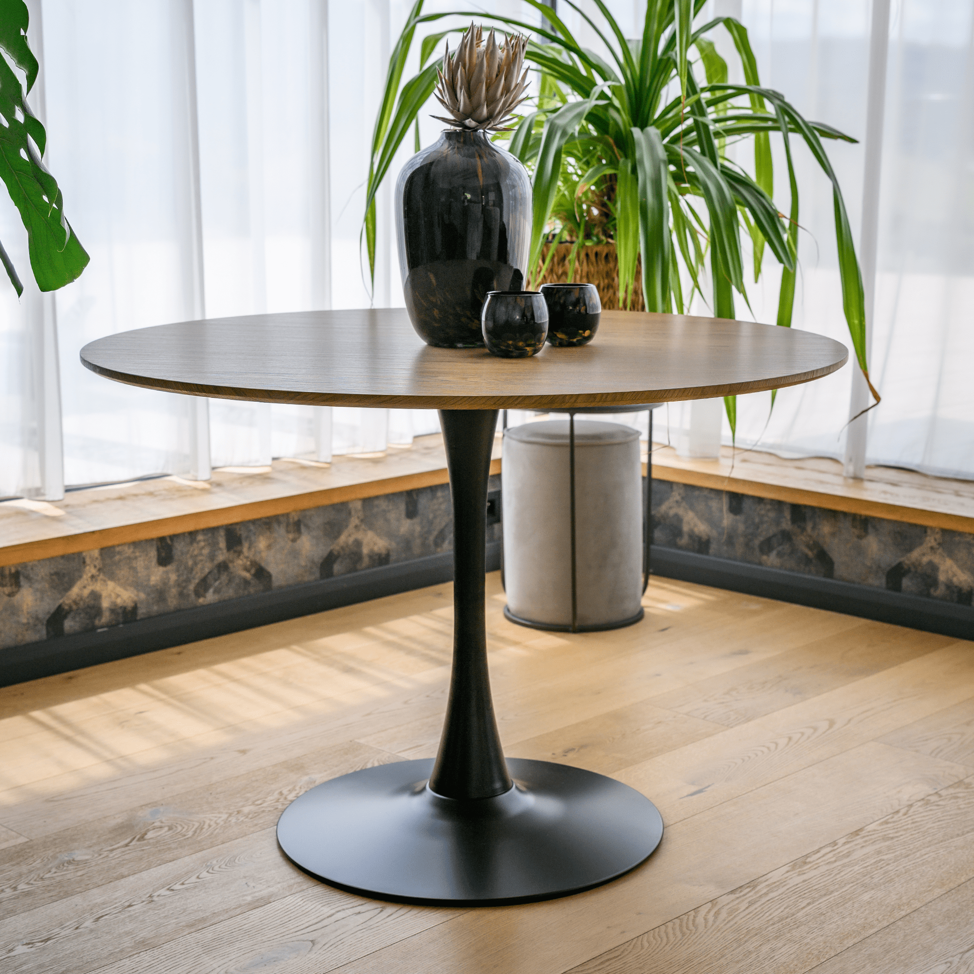 Masa de sufragerie, stejar/negru, diametru 110 cm, REVENTON NEW — imaginea 12