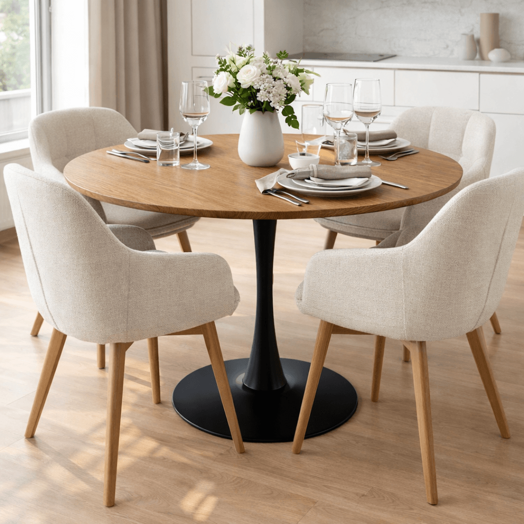 Masa de sufragerie, stejar/negru, diametru 110 cm, REVENTON NEW — imaginea 15