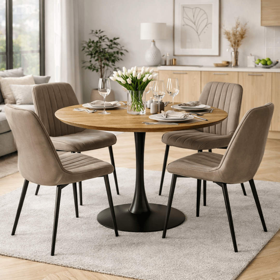 Masa de sufragerie, stejar/negru, diametru 110 cm, REVENTON NEW — imaginea 16