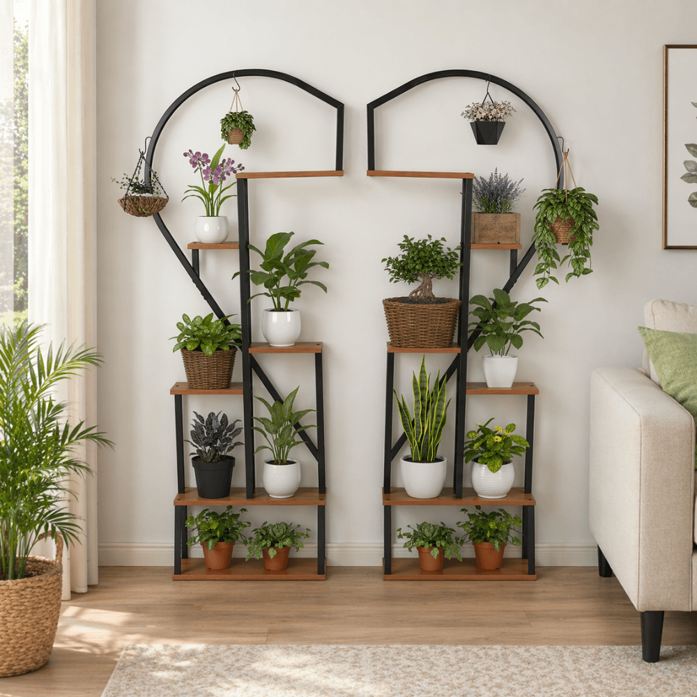 Suport metalic pentru flori, set de 2 buc., negru/stejar, AMADIS — imaginea 2