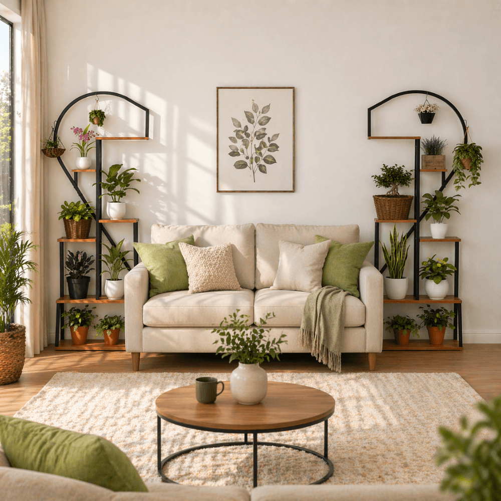 Suport metalic pentru flori, set de 2 buc., negru/stejar, AMADIS — imaginea 3