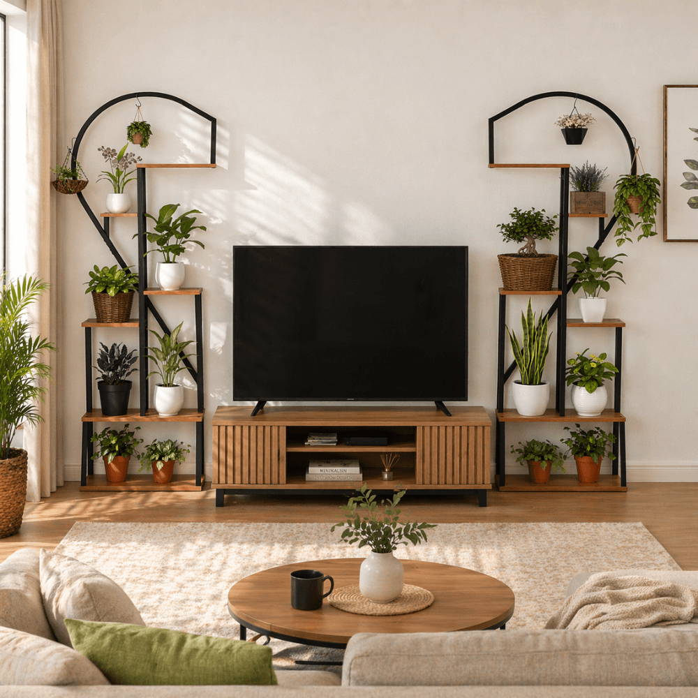 Suport metalic pentru flori, set de 2 buc., negru/stejar, AMADIS — imaginea 4