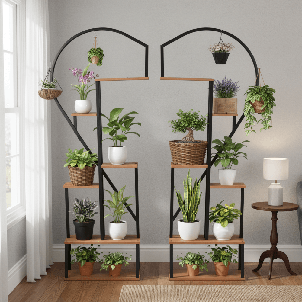 Suport metalic pentru flori, set de 2 buc., negru/stejar, AMADIS — imaginea 8