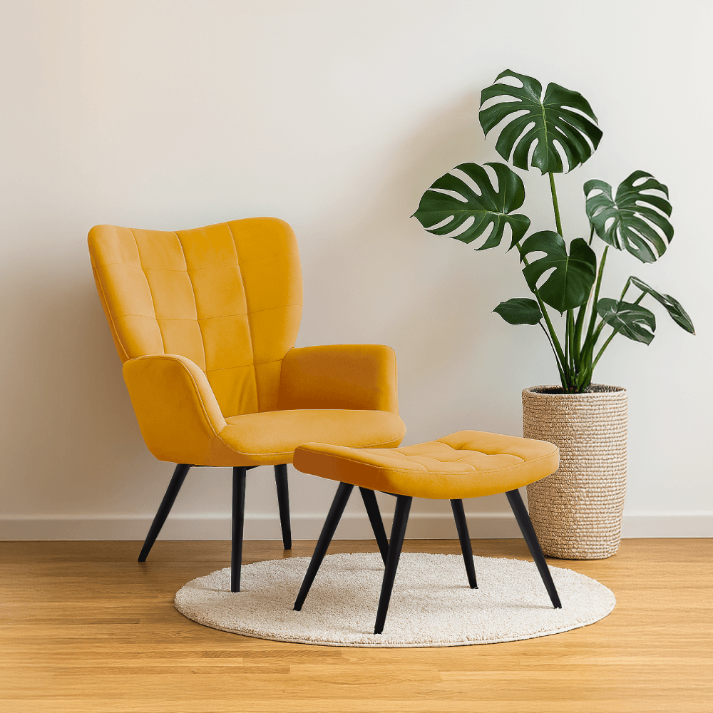 Fotoliu cu suport pentru picioare, galben tesatura Velvet/negru, HABEN — imaginea 10