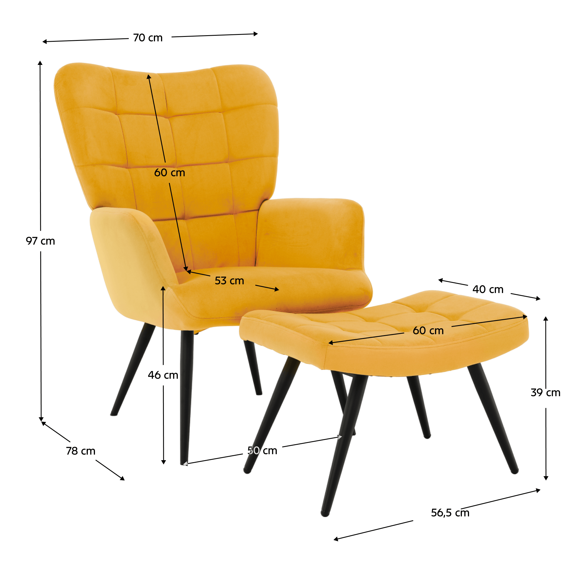 Fotoliu cu suport pentru picioare, galben tesatura Velvet/negru, HABEN — imaginea 11