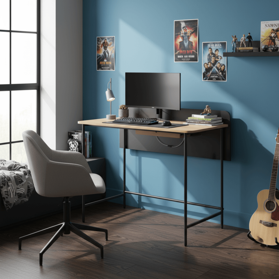 Masa PC, stejar/negru, KOMPUS — imaginea 3