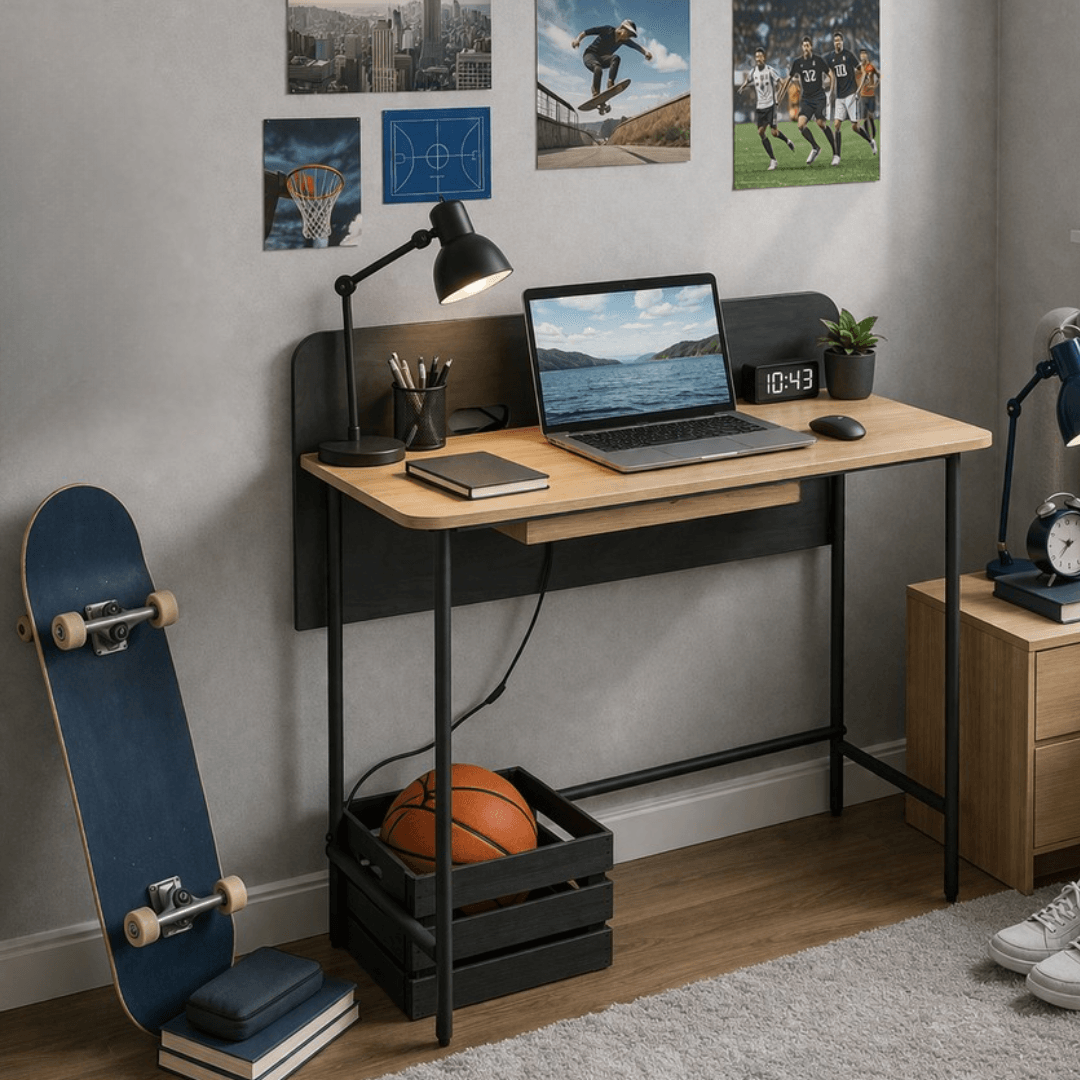 Masa PC, stejar/negru, KOMPUS — imaginea 4