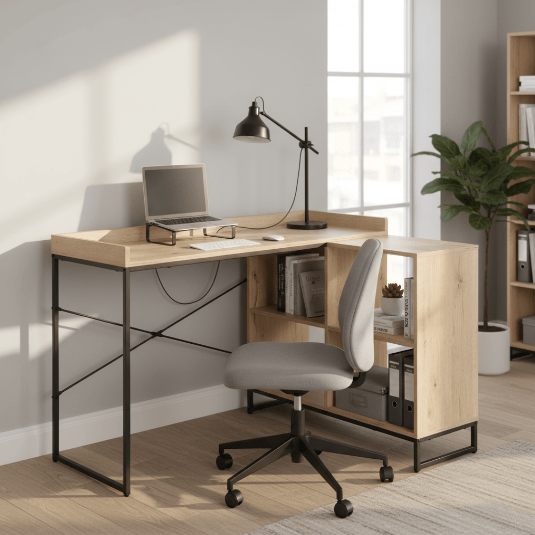 Masa PC de colt, stejar/negru, ULOSTOL — imaginea 2