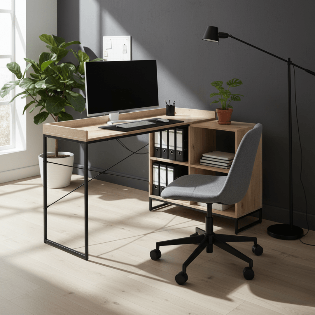 Masa PC de colt, stejar/negru, ULOSTOL — imaginea 3