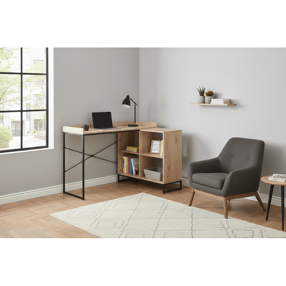 Masa PC de colt, stejar/negru, ULOSTOL — imaginea 4