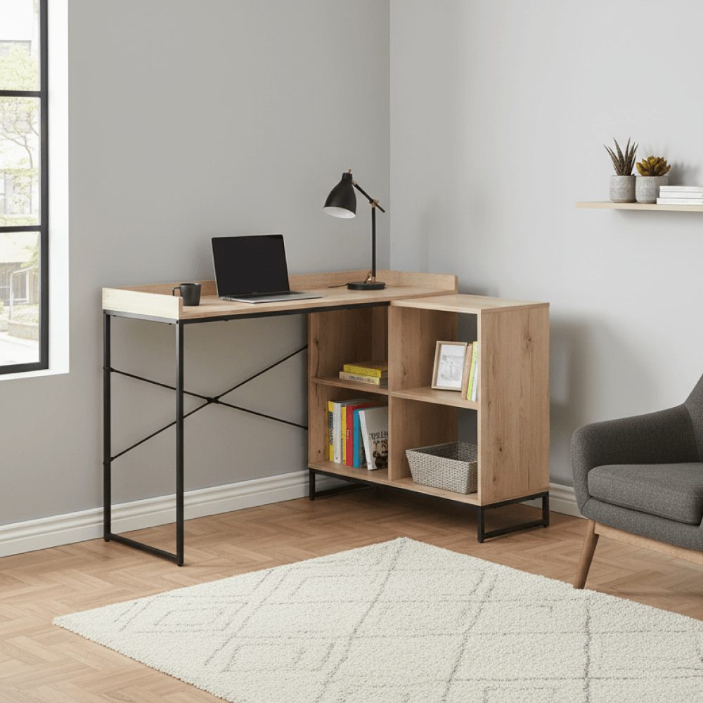 Masa PC de colt, stejar/negru, ULOSTOL — imaginea 5