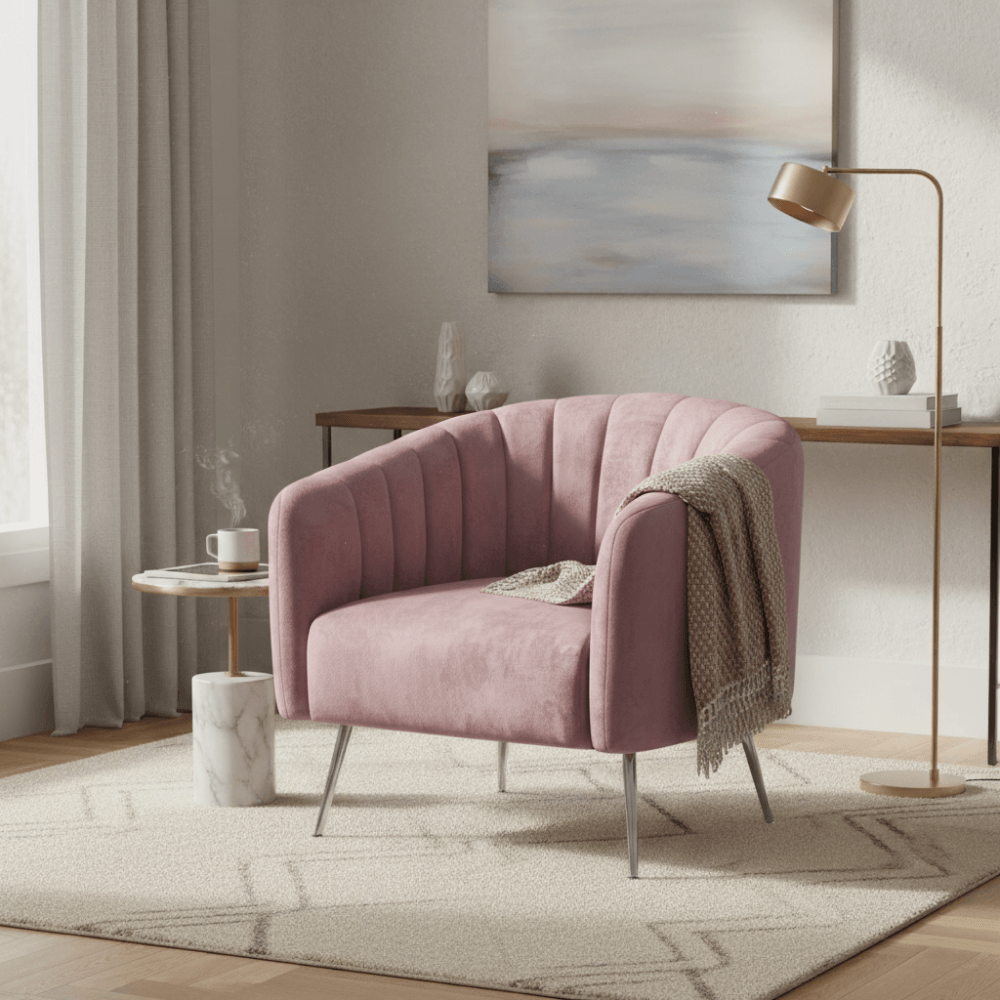 Fotoliu de design, tesatura Velvet roz/crom-argintiu, BAGY — imaginea 7