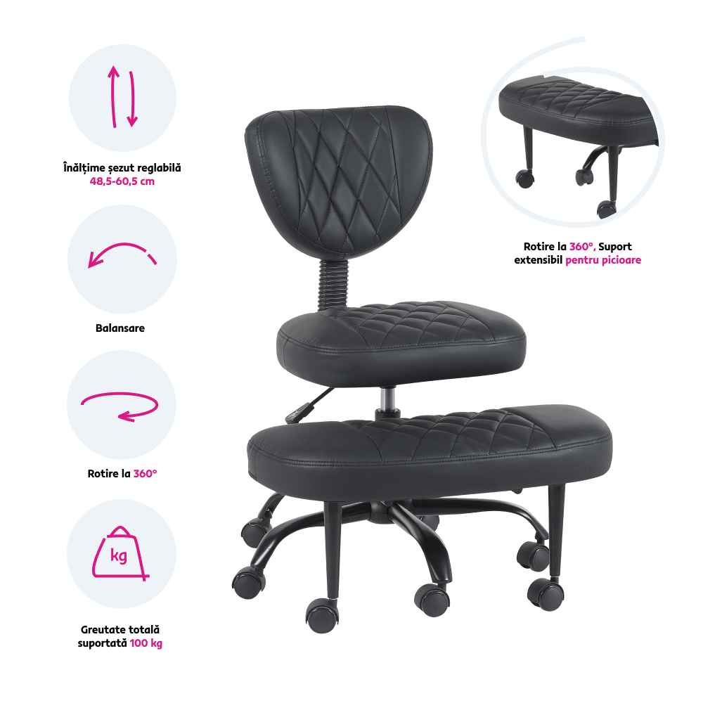 Scaun de ingenuncheat ergonomic, piele ecologica negru/negru, SAMER — imaginea 2