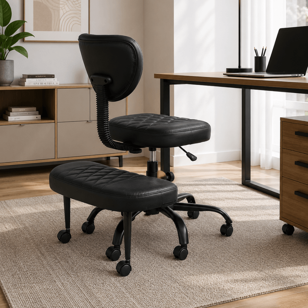 Scaun de ingenuncheat ergonomic, piele ecologica negru/negru, SAMER — imaginea 7