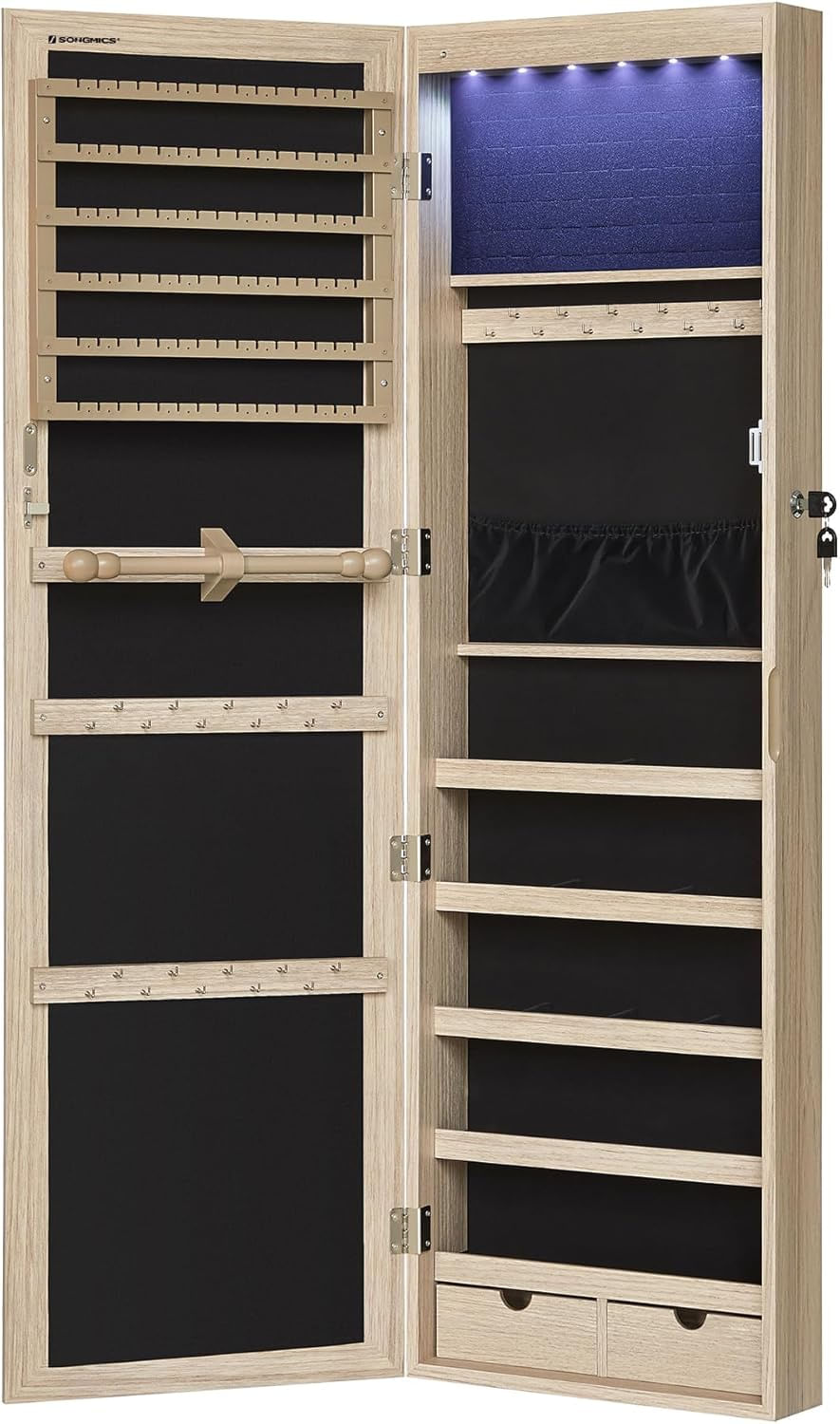 Dulap pentru bijuterii cu oglinda, montare pe perete sau usa, material MDF, inchidere cu cheie, 120x37x10 cm, stejar — imaginea 2