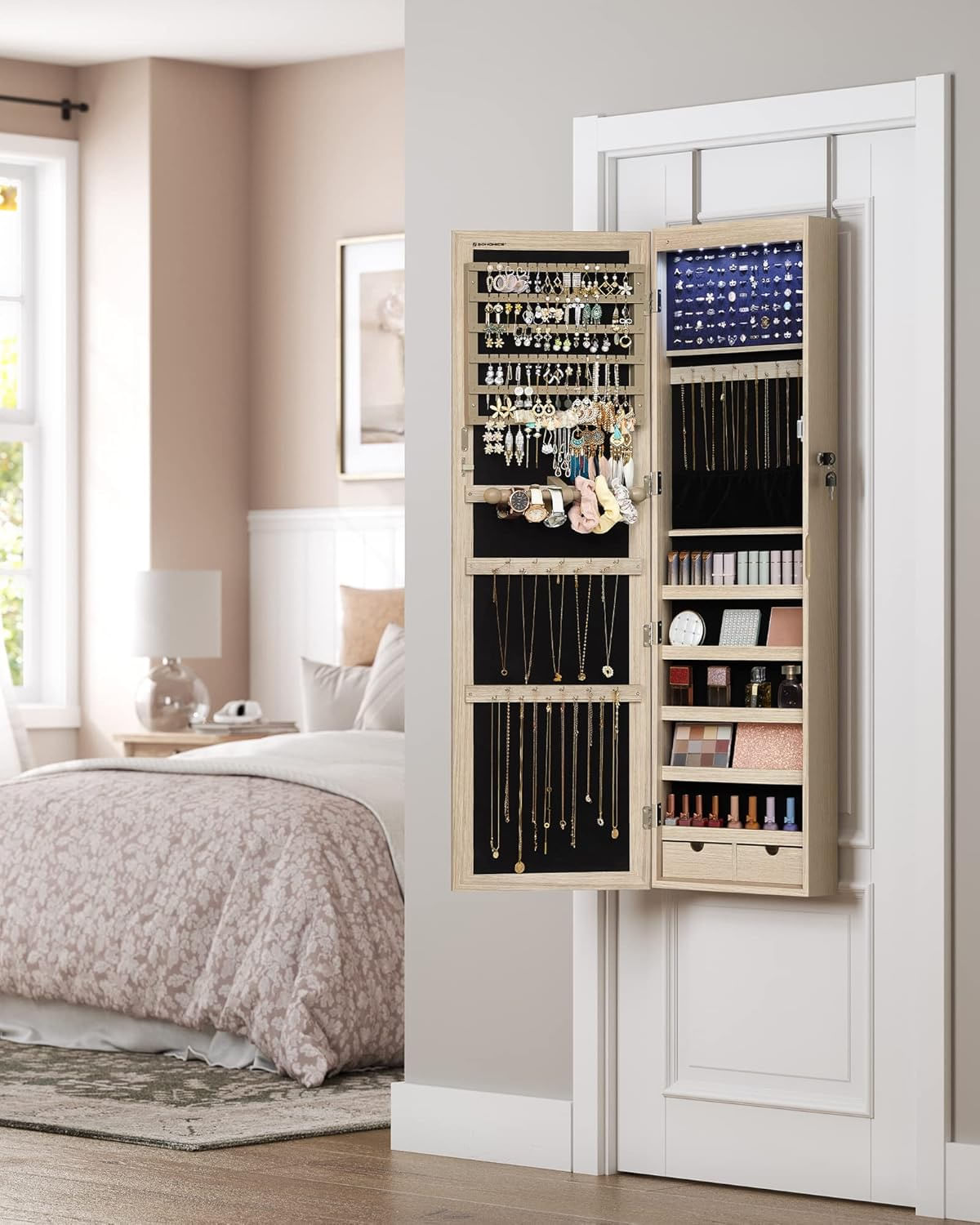 Dulap pentru bijuterii cu oglinda, montare pe perete sau usa, material MDF, inchidere cu cheie, 120x37x10 cm, stejar — imaginea 3